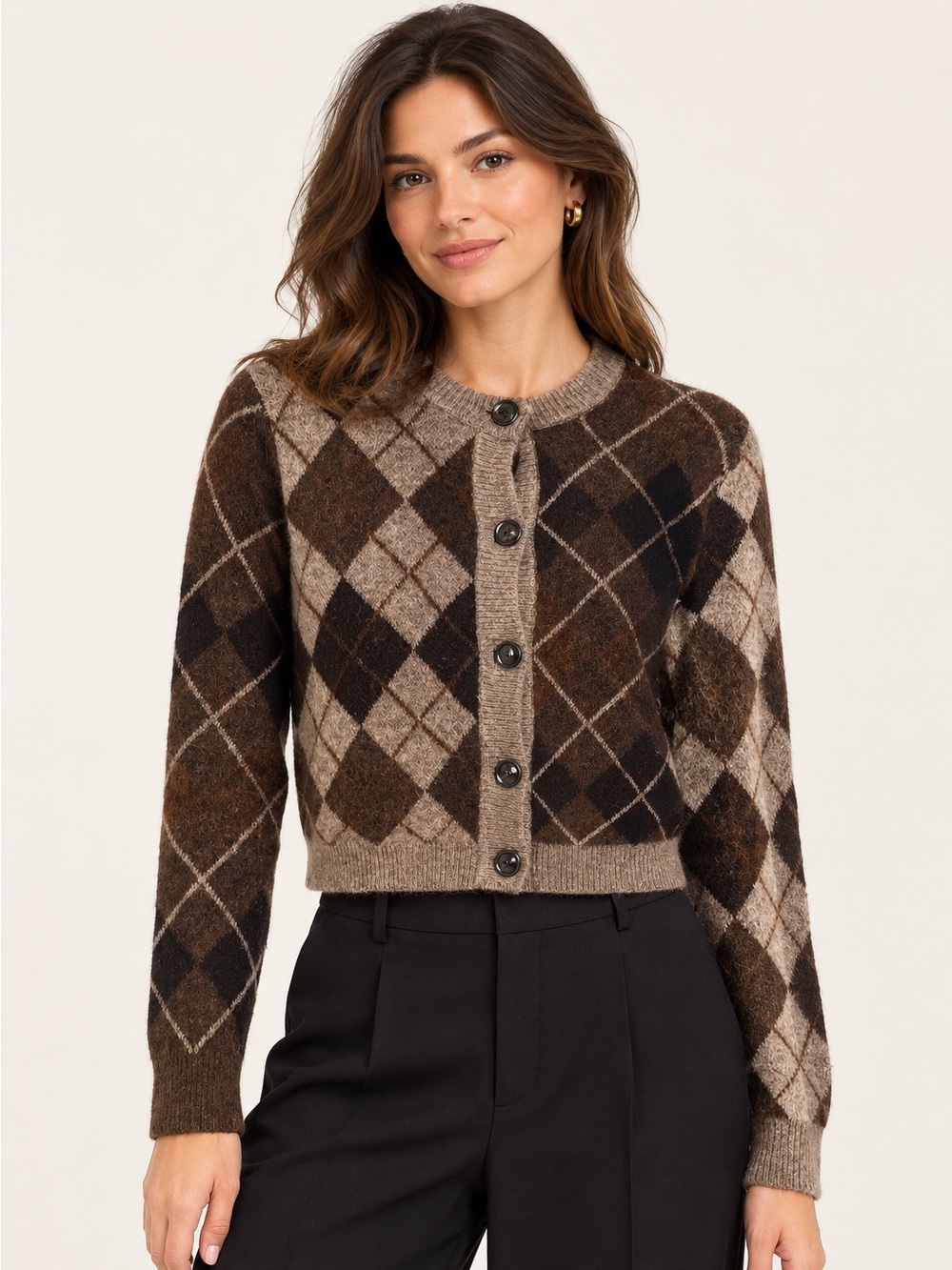 Zara M 100% Wool Argyle Cropped Cardigan Brown Granny Chic Preppy Sweater.